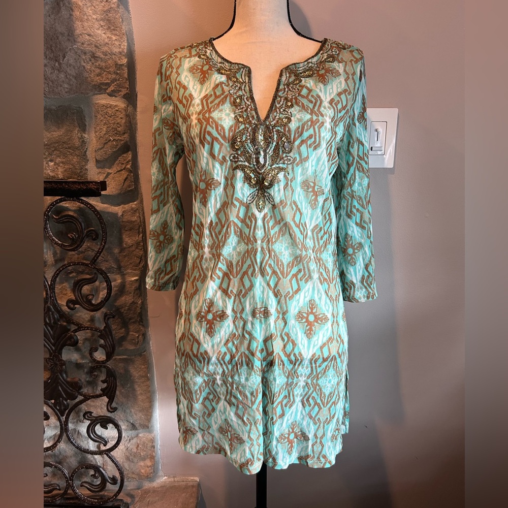 INC Beach Turquoise and Brown Beaded Swimsuwit Cover Up